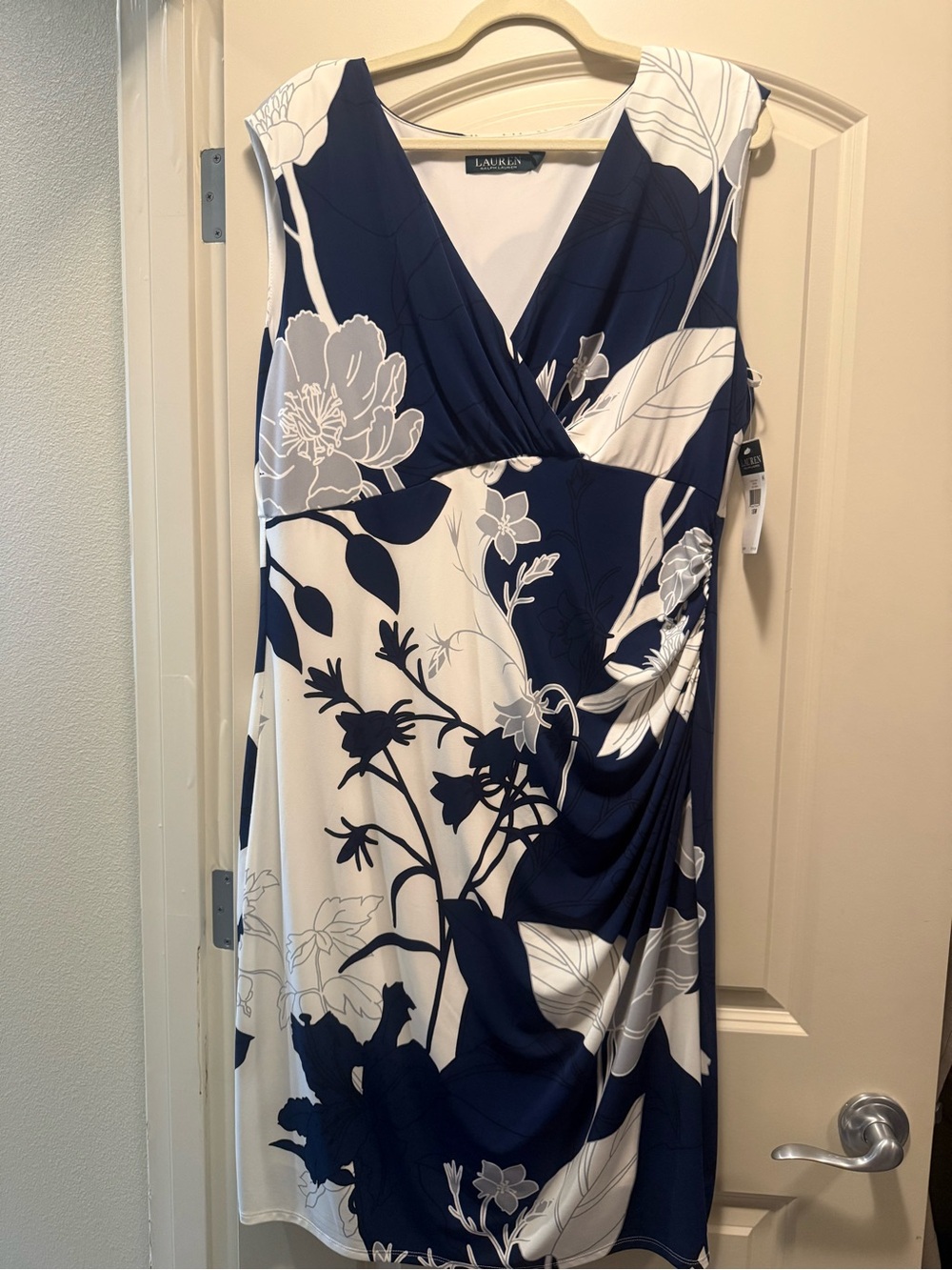 Ralph Lauren Navy and White Floral Faux-Wrap Dress with V-Neck